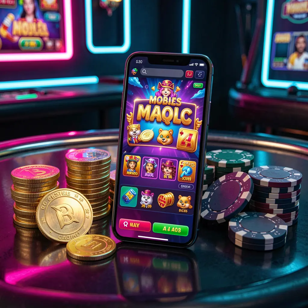 RM 999 mobile casino app dashboard on smartphone displaying colorful gaming interface with golden coins and poker chips on a glossy table under elegant neon lighting RM 999 mobile casino app dashboard on smartphone displaying colorful gaming interface with golden coins and poker chips on a glossy table under elegant neon lighting