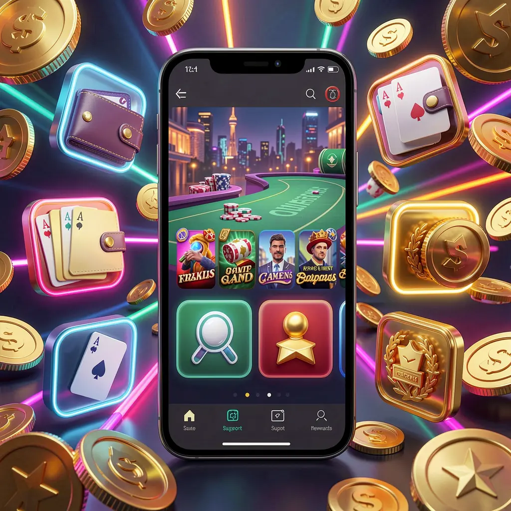 Luxury 3D render of an online casino app on a smartphone surrounded by icons for wallet, games, support, and rewards, with golden coins and neon lights, showcasing RM 999 brand features Luxury 3D render of an online casino app on a smartphone surrounded by icons for wallet, games, support, and rewards, with golden coins and neon lights, showcasing RM 999 brand features