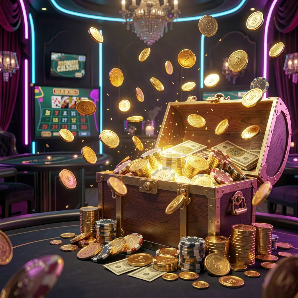 A premium online casino bonus hero banner featuring RM 999 with golden coins flying in the air, a glowing treasure chest full of chips and cash, set against a luxury dark background with neon accents in an elegant casino style and festive atmosphere A premium online casino bonus hero banner featuring RM 999 with golden coins flying in the air, a glowing treasure chest full of chips and cash, set against a luxury dark background with neon accents in an elegant casino style and festive atmosphere