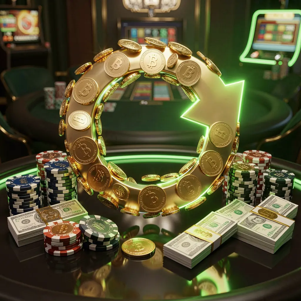 RM 999 casino cashback bonus visual featuring golden coins returning in a circular arrow motion with poker chips and cash bundles on a glossy dark table, highlighted by glowing green and gold accents in a premium online casino style with cinematic lighting RM 999 casino cashback bonus visual featuring golden coins returning in a circular arrow motion with poker chips and cash bundles on a glossy dark table, highlighted by glowing green and gold accents in a premium online casino style with cinematic lighting