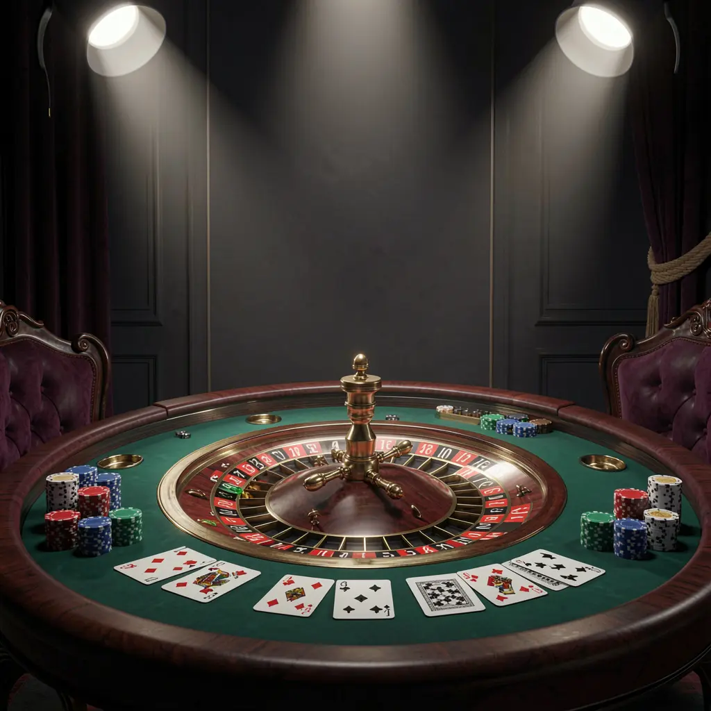 RM 999 live casino scene featuring a roulette table, playing cards, and chips under glowing spotlights with a dark elegant background in a cinematic 3D style RM 999 live casino scene featuring a roulette table, playing cards, and chips under glowing spotlights with a dark elegant background in a cinematic 3D style