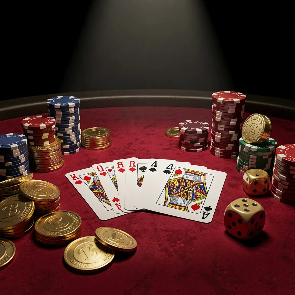 RM 999 casino table featuring a royal flush poker hand, colorful poker chips, golden coins, and dice on a luxury black and red background with dramatic spotlight in a realistic 3D render RM 999 casino table featuring a royal flush poker hand, colorful poker chips, golden coins, and dice on a luxury black and red background with dramatic spotlight in a realistic 3D render