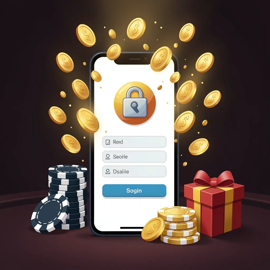 RM 999 casino user login illustration showing a phone with a secure access icon, golden coins bursting from the screen, poker chips and a gift box nearby on a dark premium background