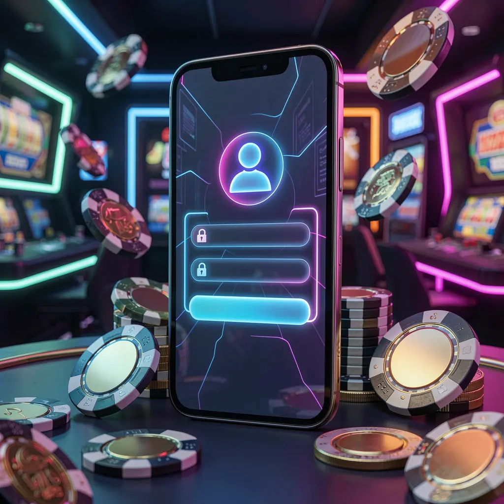 RM 999 mobile gaming login page concept showing a smartphone with an abstract login interface featuring user and lock icons, surrounded by casino chips and coins under luxury neon lighting