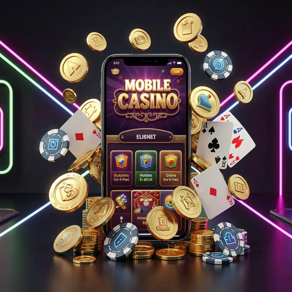 RM 999 mobile casino homepage concept showing a smartphone surrounded by golden coins, chips, cards, and glowing icons on a modern dark background with neon accents RM 999 mobile casino homepage concept showing a smartphone surrounded by golden coins, chips, cards, and glowing icons on a modern dark background with neon accents